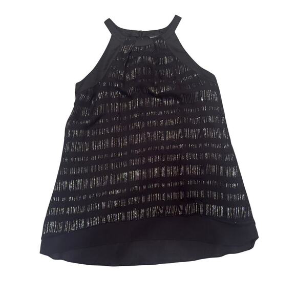 White House Black Market Silk Black Silver Gold Halter Top Blouse Hi Lo Hem 10 - Picture 1 of 12